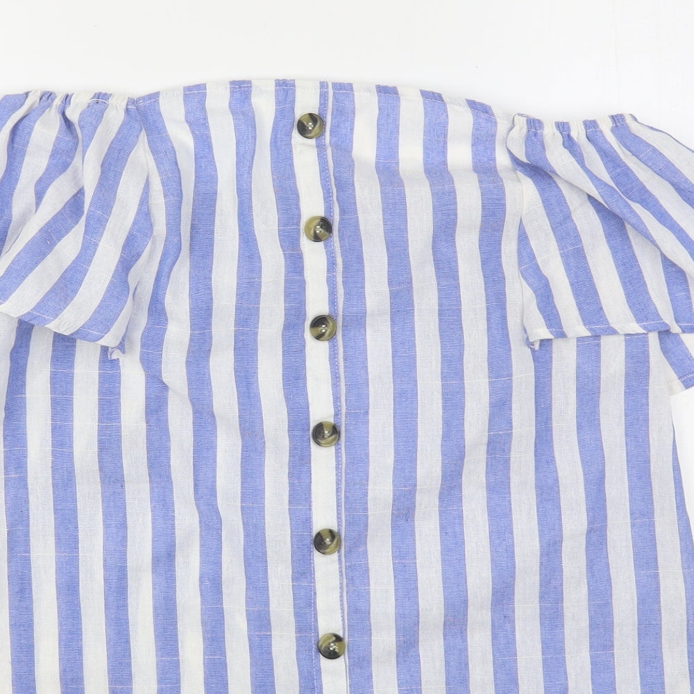 Shein  Womens Blue Striped Cotton Basic Button-Up Size M Boat Neck