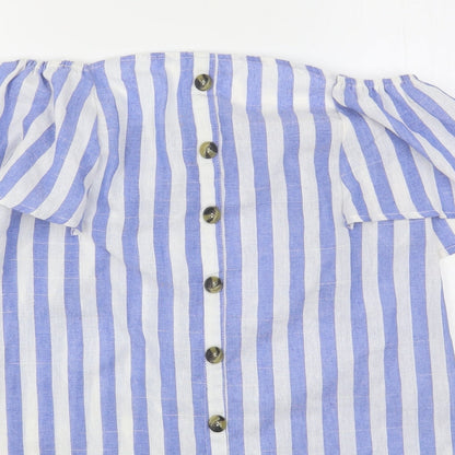 Shein  Womens Blue Striped Cotton Basic Button-Up Size M Boat Neck