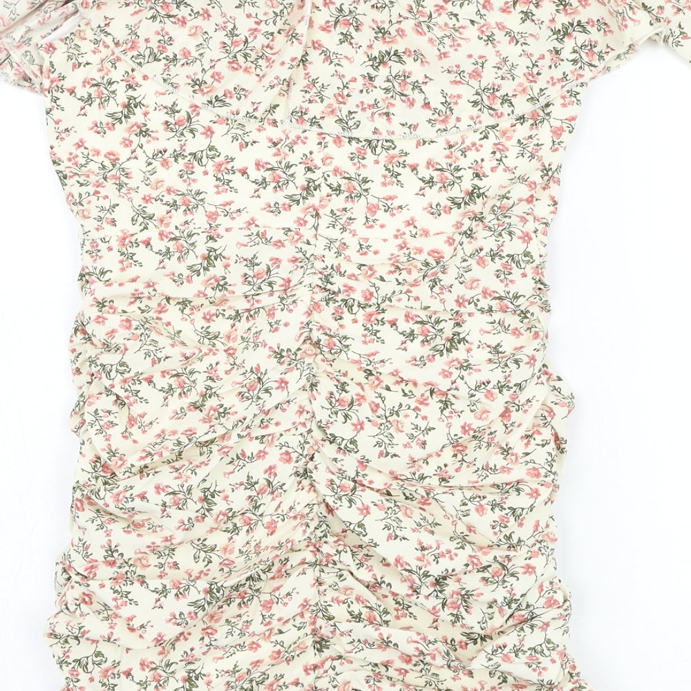 Nasty Gal Womens Beige Floral Polyester Pencil Dress  Size 8  Off the Shoulder Zip
