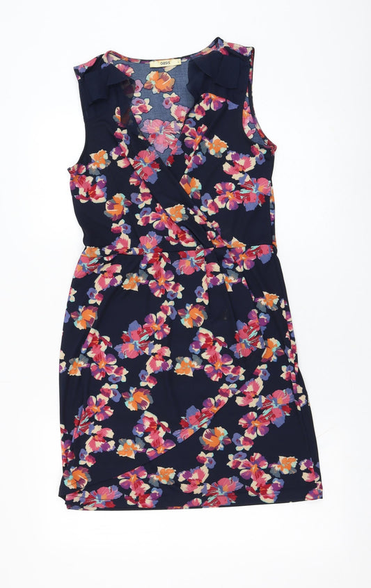 Oasis Womens Blue Floral Polyester Shift  Size S  V-Neck Pullover