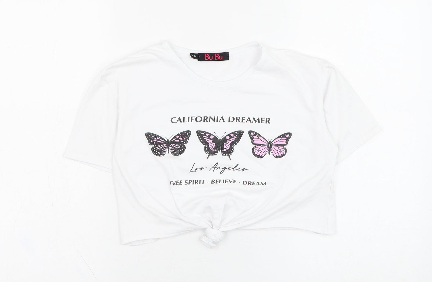 Bu Bu Womens White  Cotton Cropped T-Shirt Size S Round Neck - Butterfly