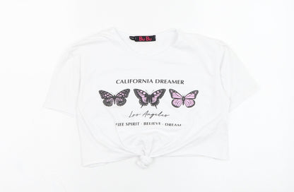 Bu Bu Womens White  Cotton Cropped T-Shirt Size S Round Neck - Butterfly
