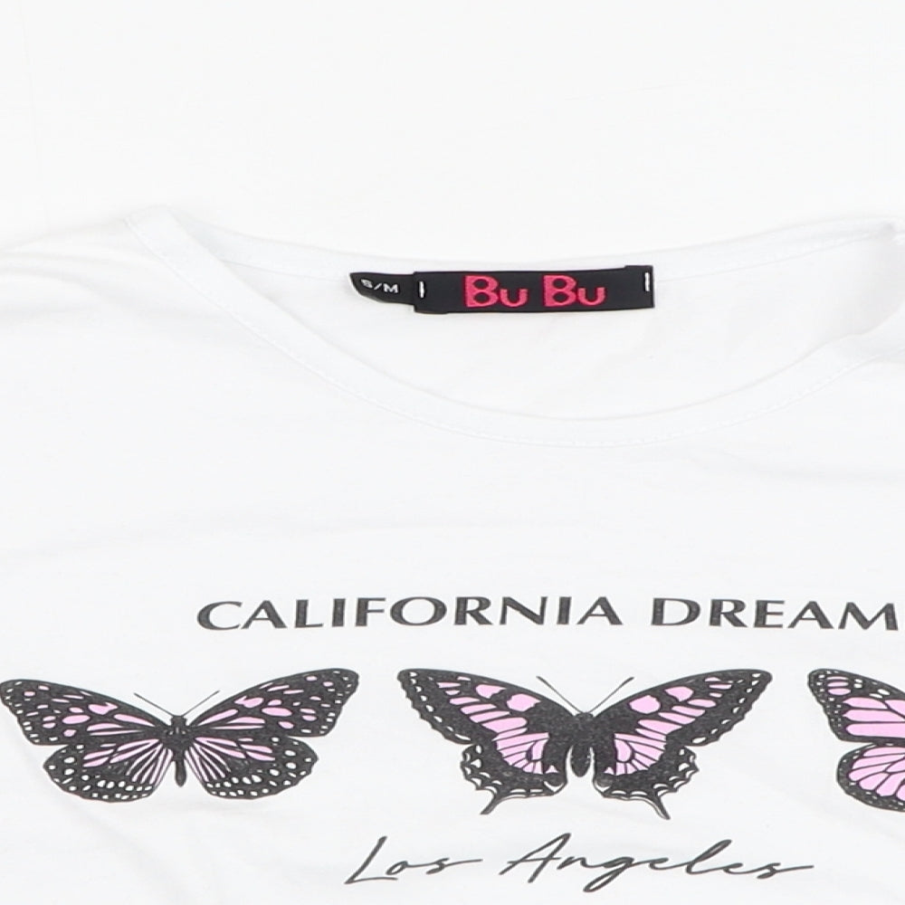 Bu Bu Womens White  Cotton Cropped T-Shirt Size S Round Neck - Butterfly