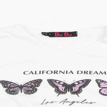 Bu Bu Womens White  Cotton Cropped T-Shirt Size S Round Neck - Butterfly