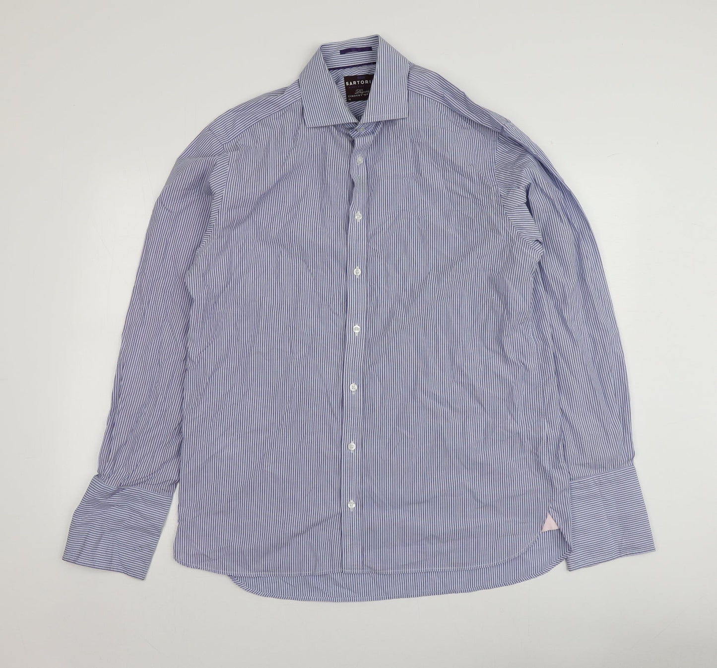 Sartorial Mens Blue Striped Cotton  Button-Up Size 16 Collared