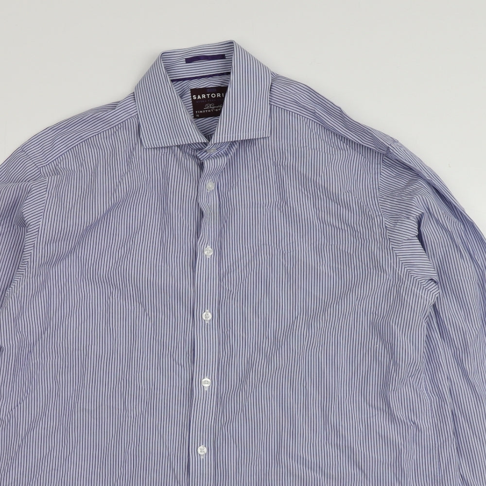 Sartorial Mens Blue Striped Cotton  Button-Up Size 16 Collared