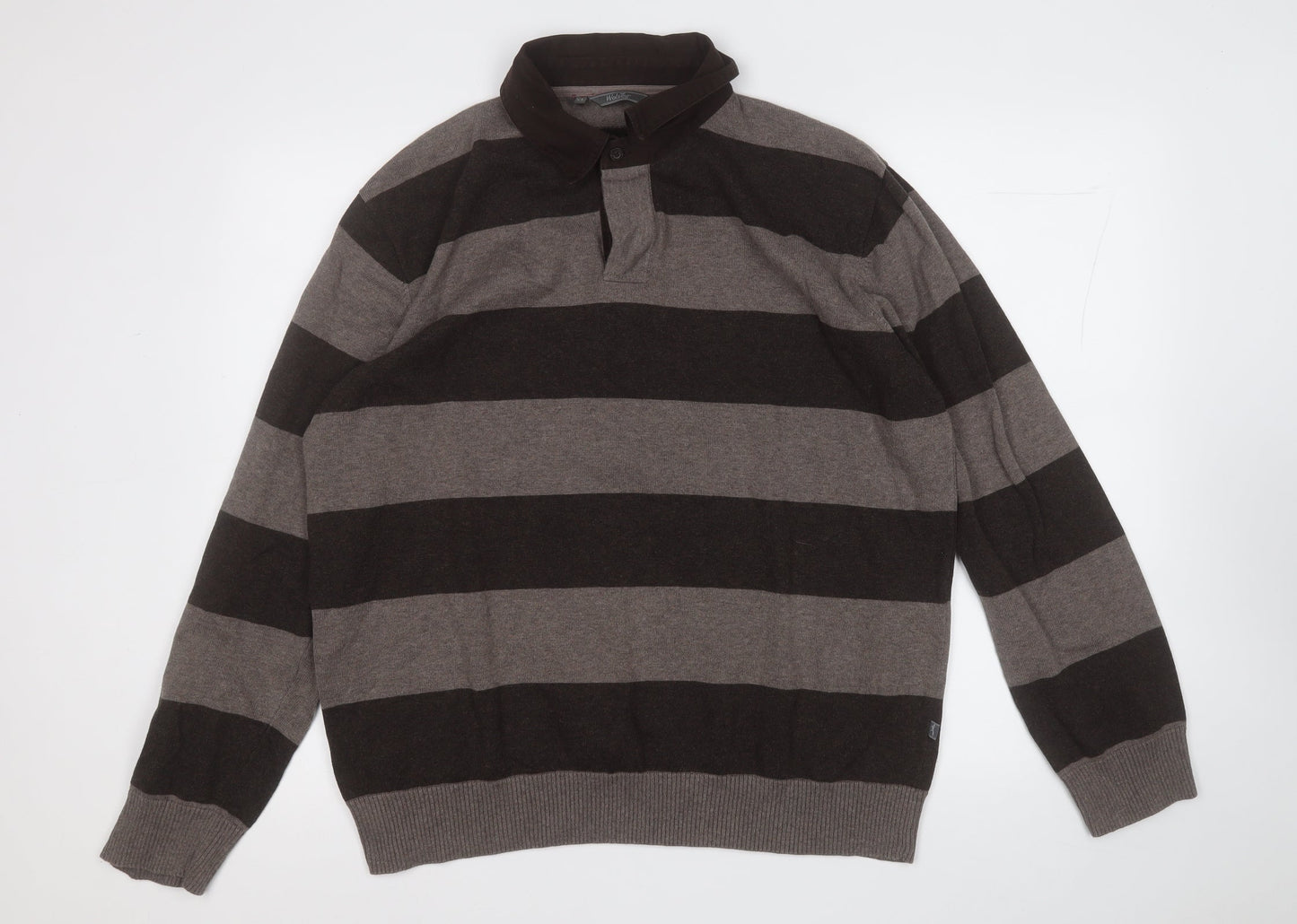 Wolsey Mens Brown Collared Striped Cotton Pullover Jumper Size XL