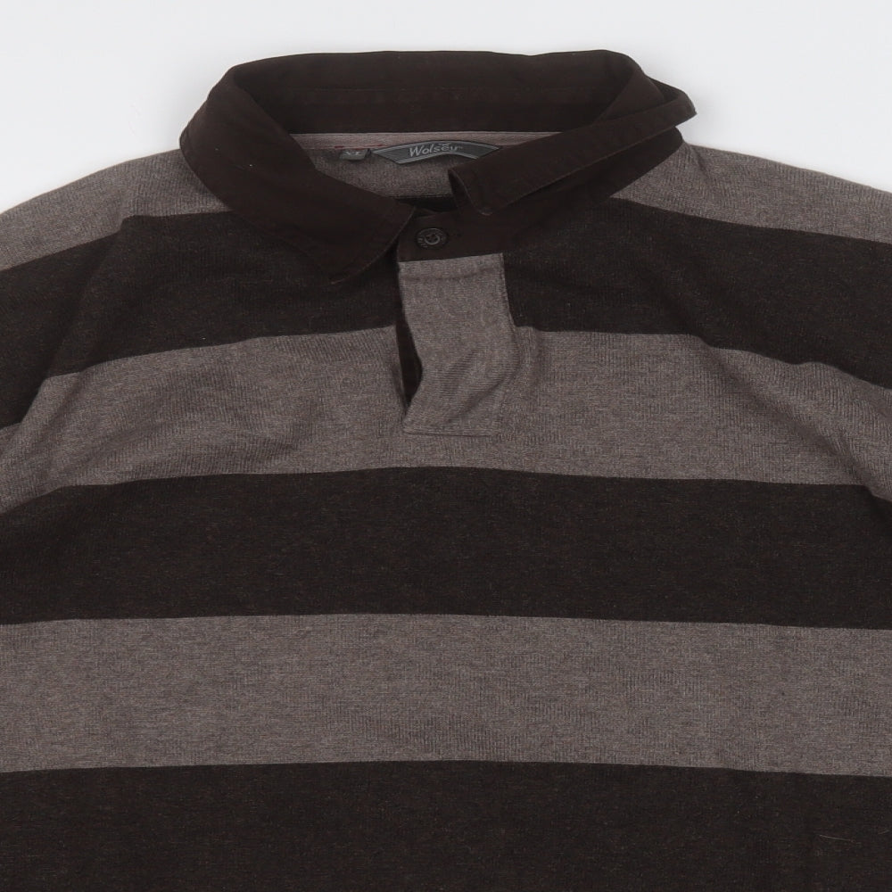 Wolsey Mens Brown Collared Striped Cotton Pullover Jumper Size XL