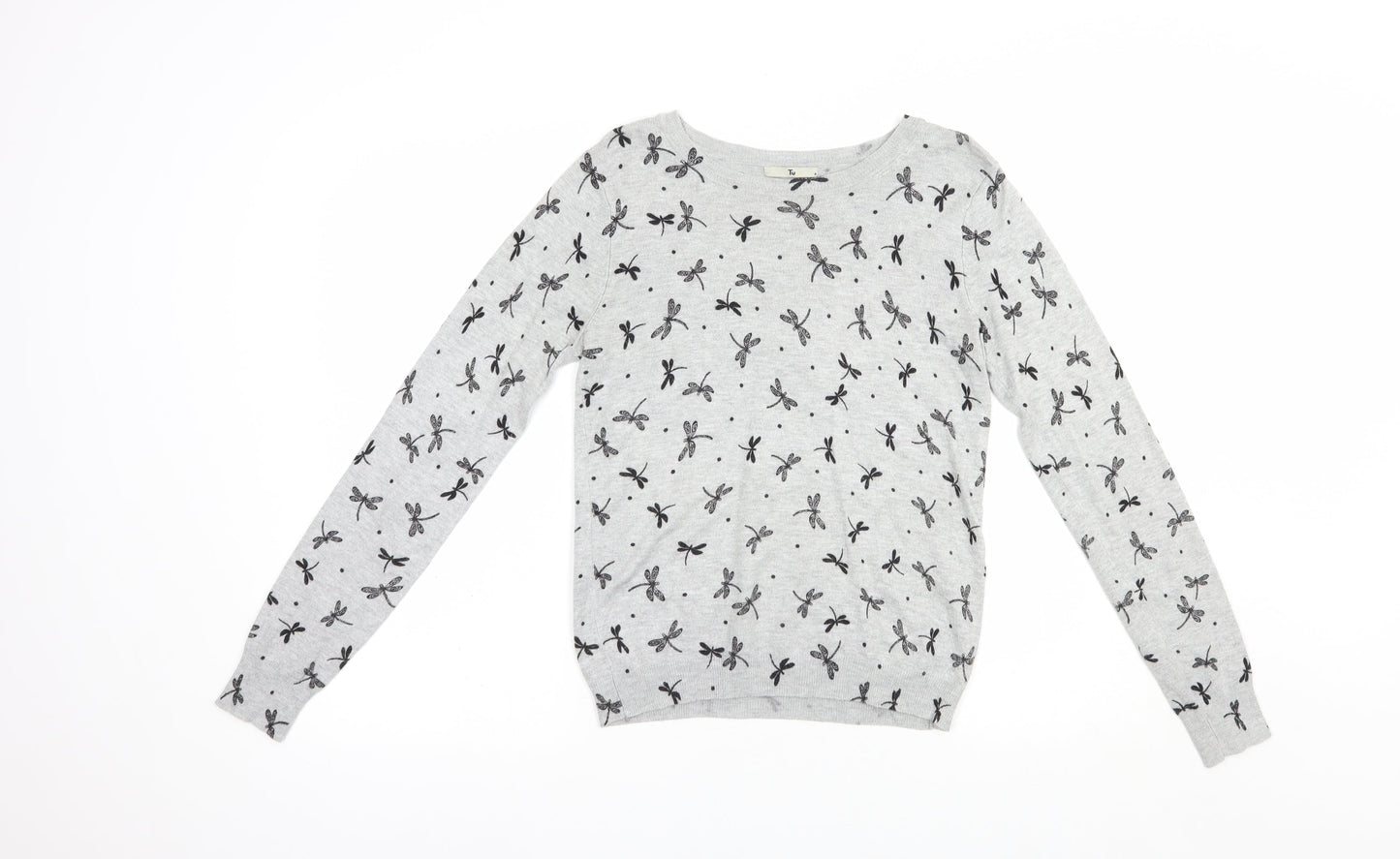 TU Womens Grey Boat Neck Geometric Viscose Pullover Jumper Size 8   - Dragonfly Print