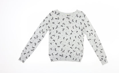 TU Womens Grey Boat Neck Geometric Viscose Pullover Jumper Size 8   - Dragonfly Print
