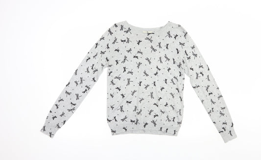 TU Womens Grey Boat Neck Geometric Viscose Pullover Jumper Size 8   - Dragonfly Print