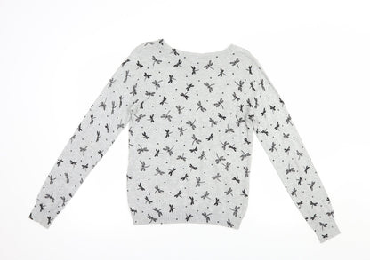 TU Womens Grey Boat Neck Geometric Viscose Pullover Jumper Size 8   - Dragonfly Print