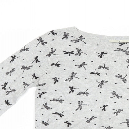TU Womens Grey Boat Neck Geometric Viscose Pullover Jumper Size 8   - Dragonfly Print