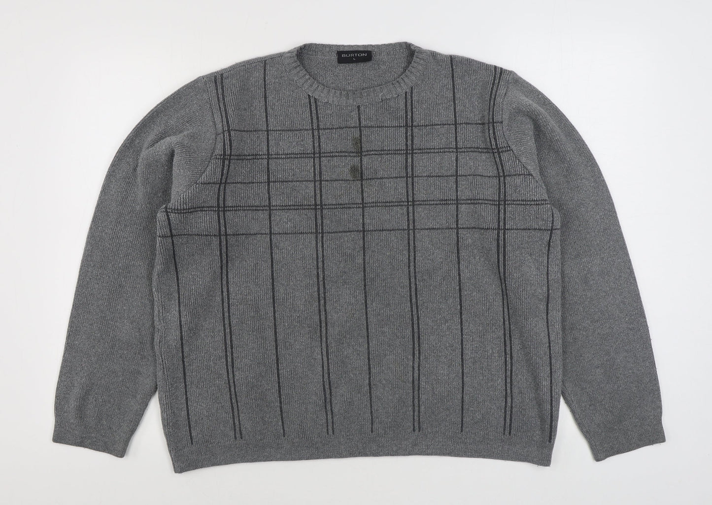 Burton Menswear Mens Grey Round Neck Striped Acrylic Pullover Jumper Size L