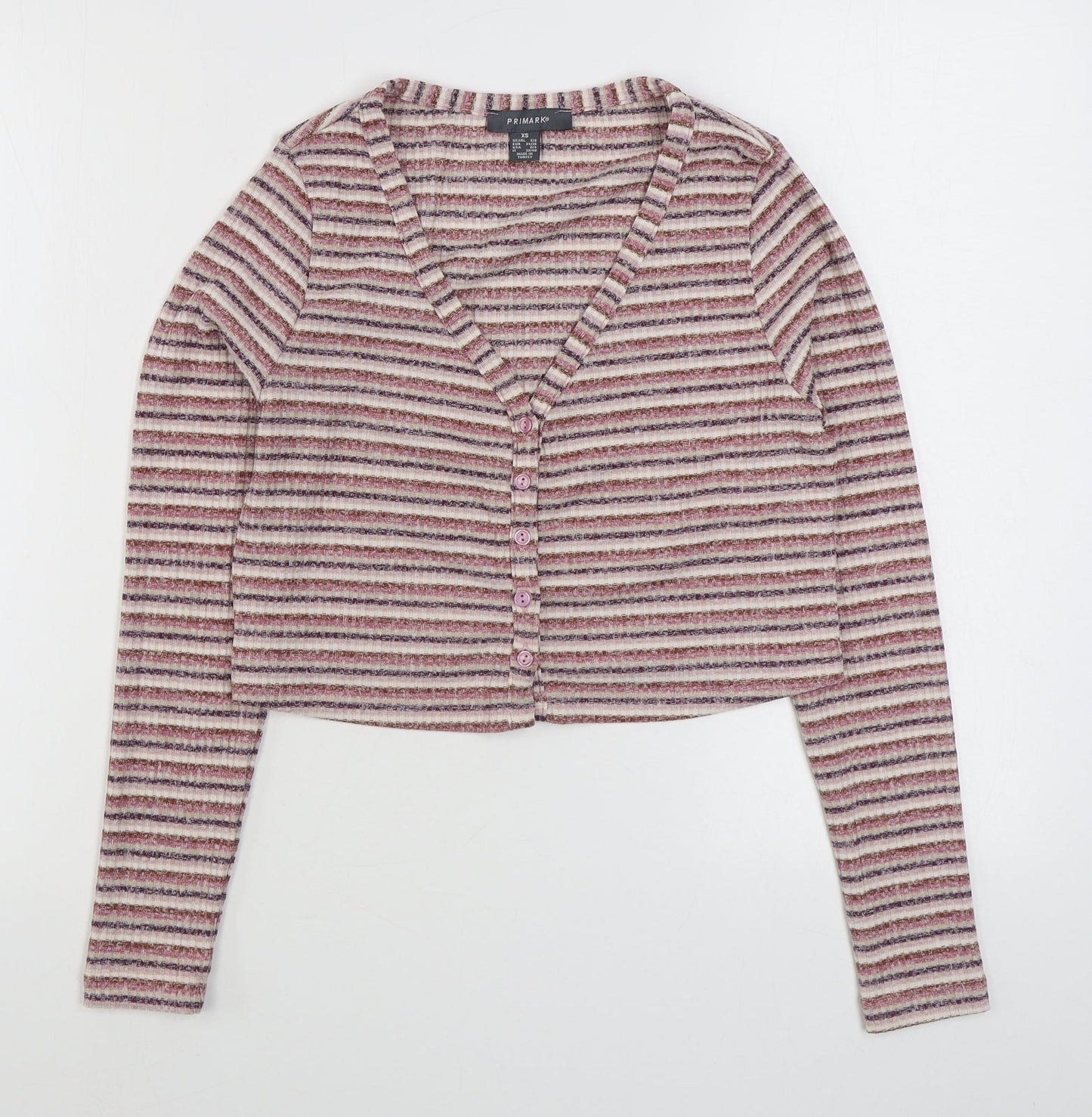 Primark Womens Multicoloured V-Neck Striped Polyester Cardigan Jumper Size XS