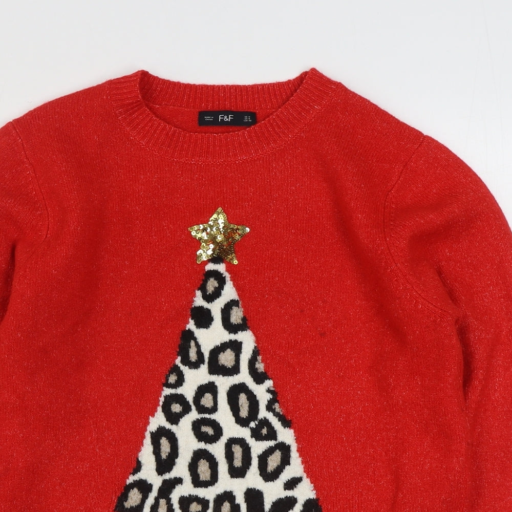F&F Womens Red Round Neck  Polyester Pullover Jumper Size 12
