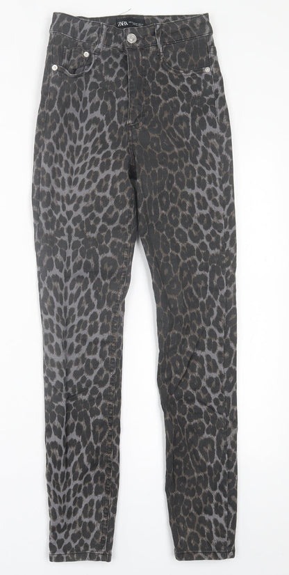 Zara Womens Brown Animal Print Cotton Skinny Jeans Size 6 L28 in Regular Button