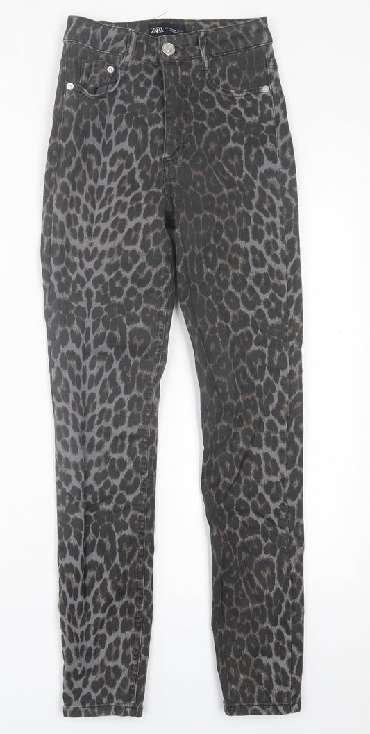Zara Womens Brown Animal Print Cotton Skinny Jeans Size 6 L28 in Regular Button