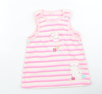 BHS Girls Pink Striped Cotton Fit & Flare  Size 6-9 Months  Round Neck