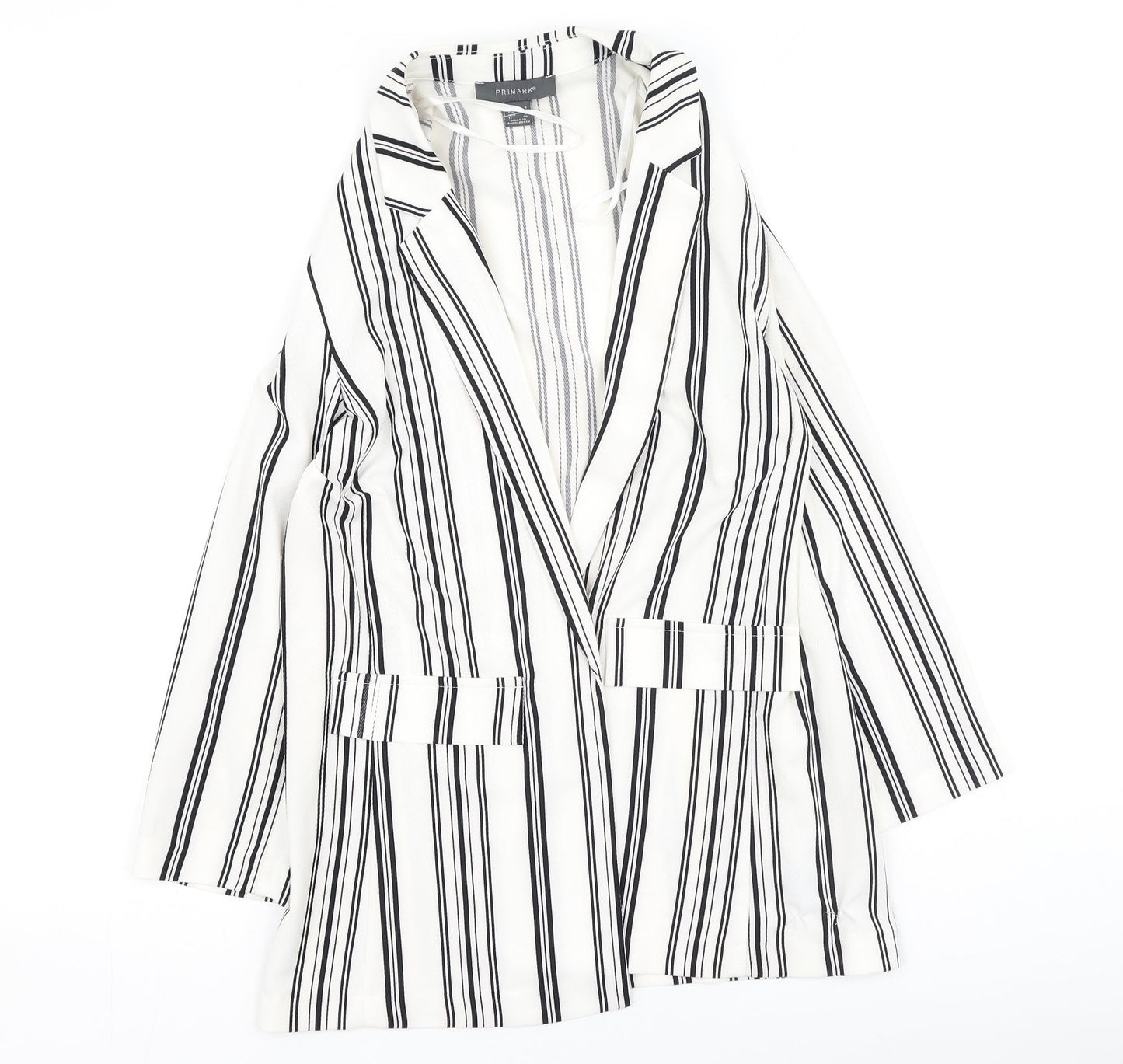 Primark Womens White V-Neck Striped Polyester Cardigan Jumper Size 8