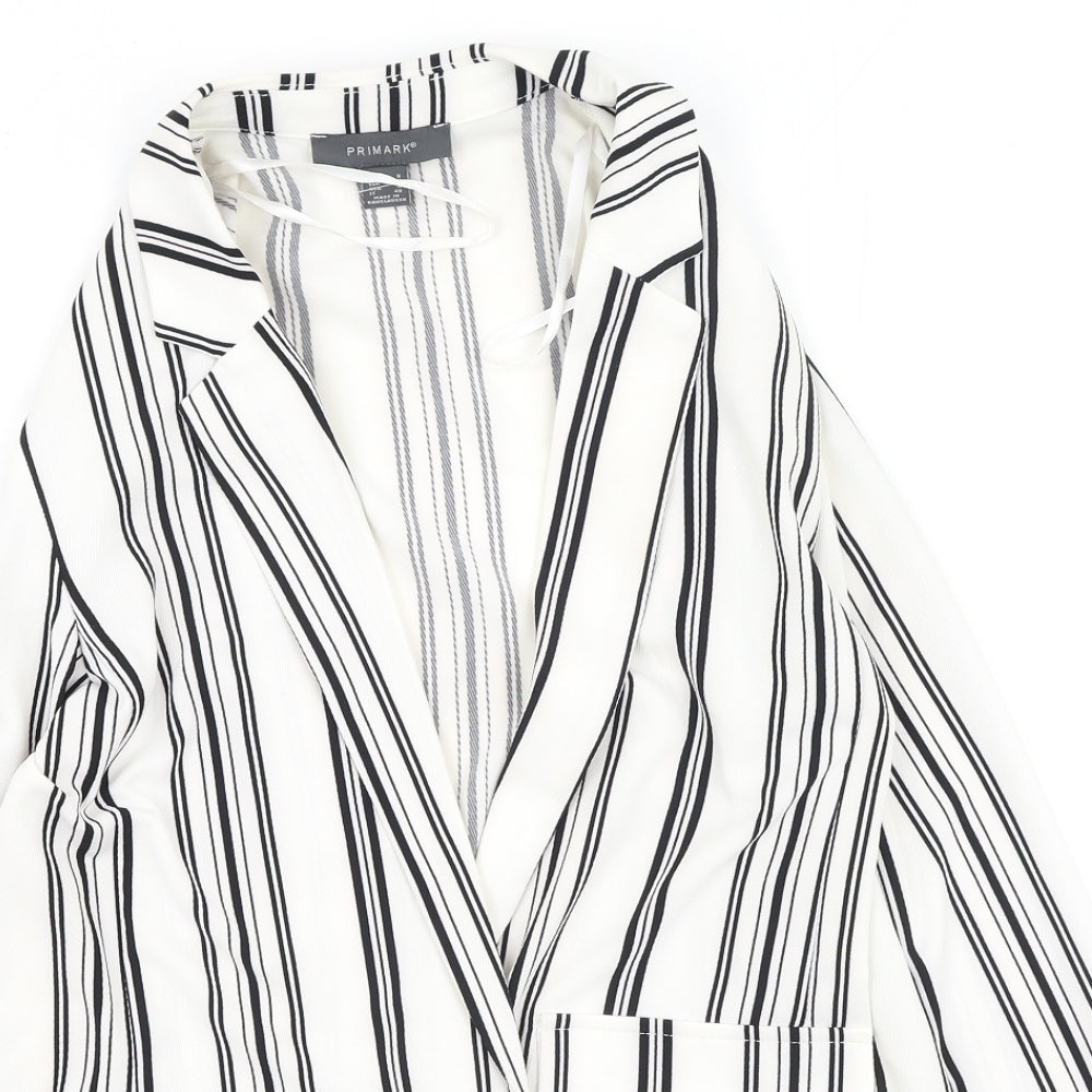 Primark Womens White V-Neck Striped Polyester Cardigan Jumper Size 8