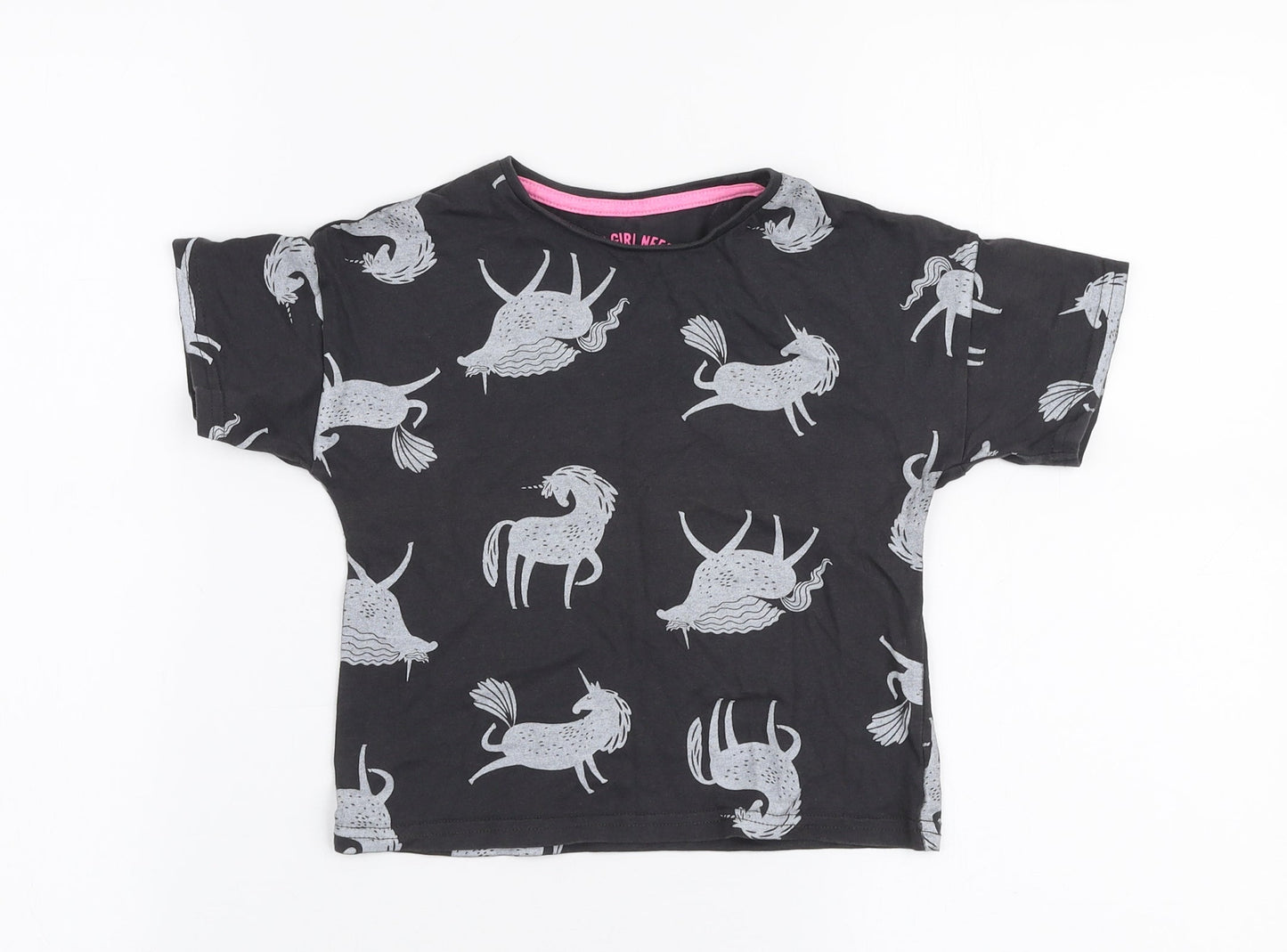 Matalan Girls Grey  100% Cotton Jersey T-Shirt Size 4 Years Round Neck Pullover - Unicorn