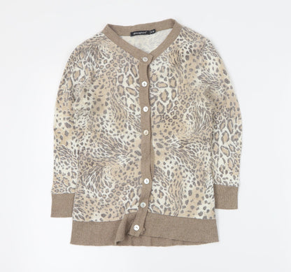 Primark Womens Brown Round Neck Animal Print Acrylic Cardigan Jumper Size 8