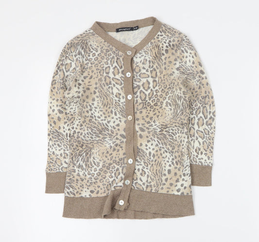 Primark Womens Brown Round Neck Animal Print Acrylic Cardigan Jumper Size 8
