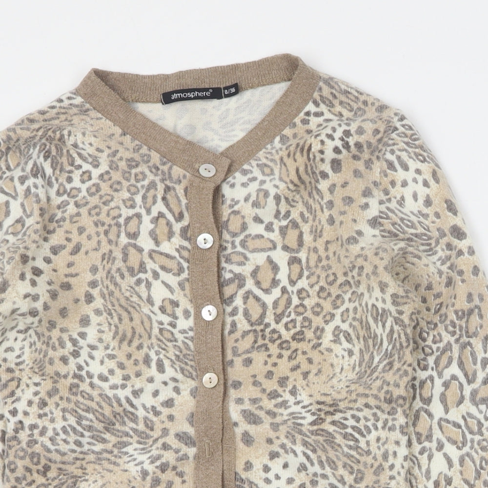 Primark Womens Brown Round Neck Animal Print Acrylic Cardigan Jumper Size 8