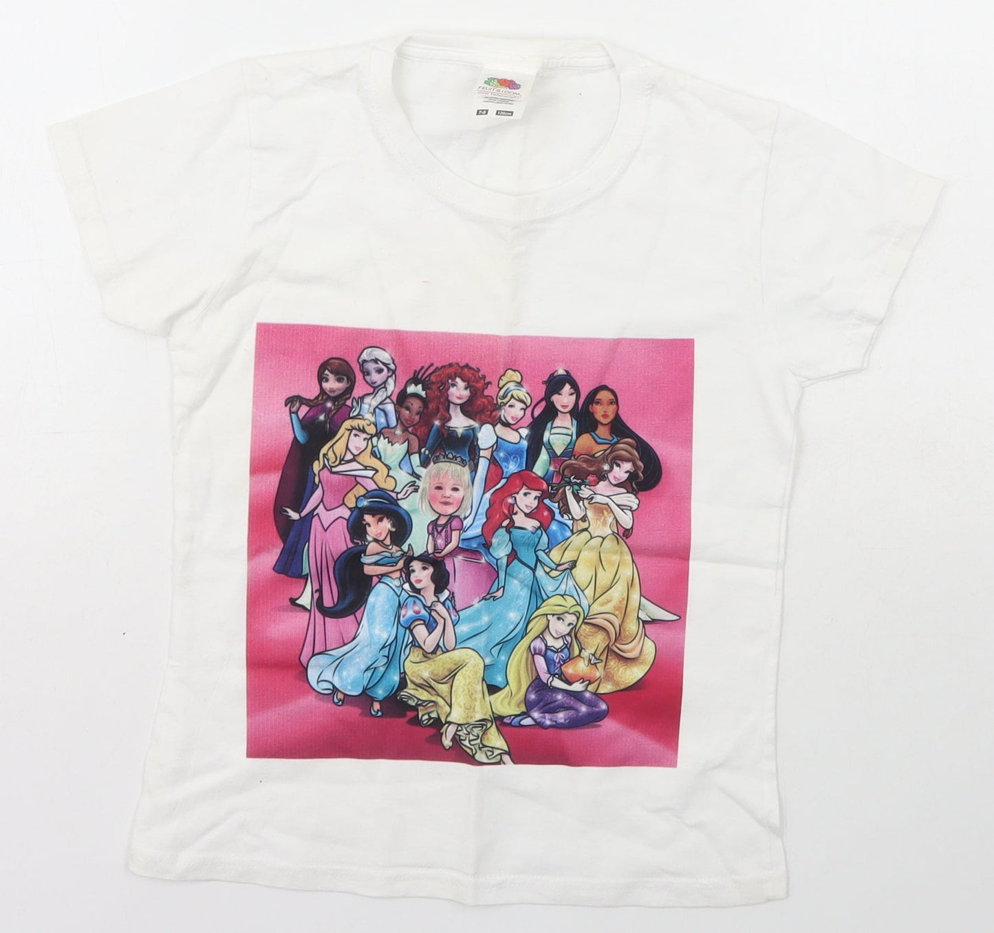 Fruit and Loom Girls Ivory  Cotton Basic T-Shirt Size 7-8 Years Scoop Neck Pullover - Disney Princess