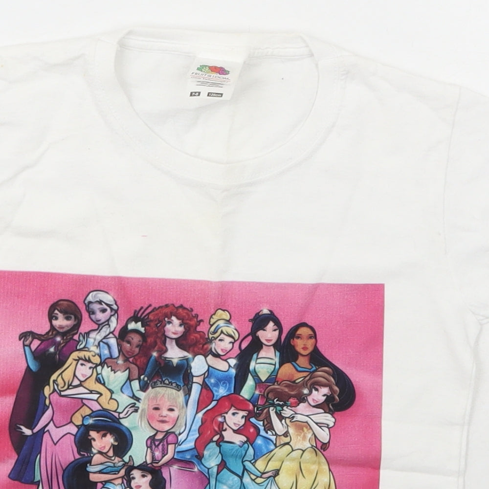 Fruit and Loom Girls Ivory  Cotton Basic T-Shirt Size 7-8 Years Scoop Neck Pullover - Disney Princess