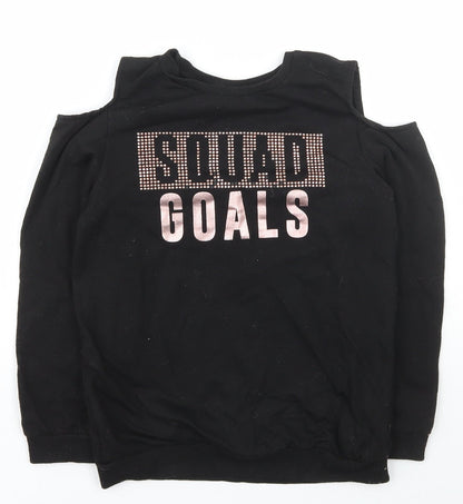 Pep&co Girls Black Scoop Neck  Polyester Pullover Jumper Size 9-10 Years  Pullover - Squad Goal