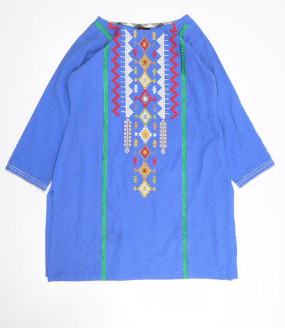 Much More Womens Blue Geometric Polyester Tunic Blouse Size 6 Round Neck