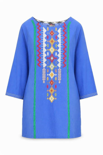 Much More Womens Blue Geometric Polyester Tunic Blouse Size 6 Round Neck