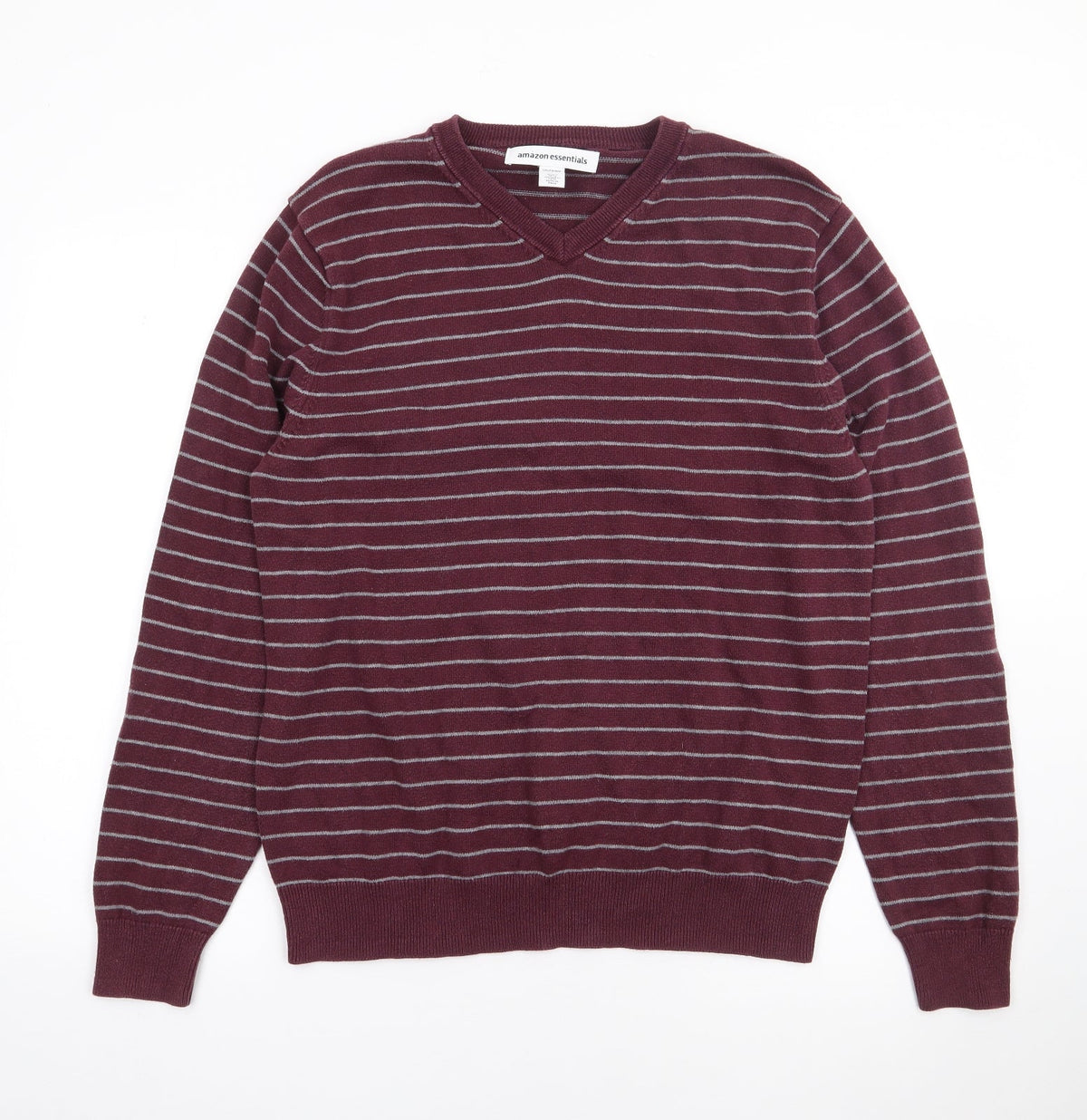 Amazon Essentials Mens Red V-Neck Striped Cotton Pullover Jumper Size M