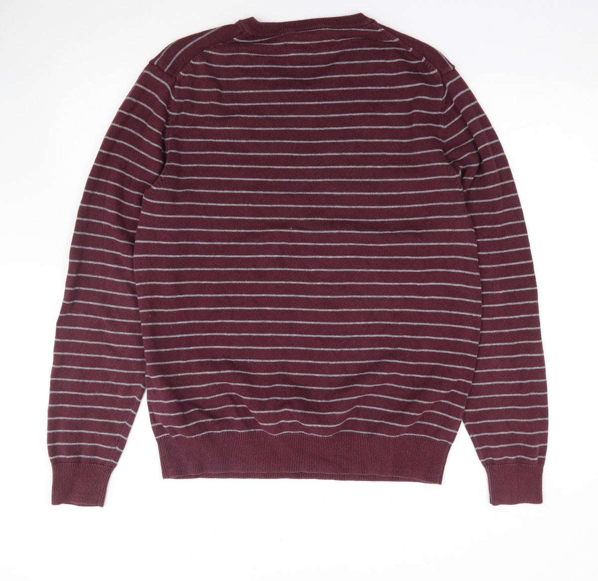 Amazon Essentials Mens Red V-Neck Striped Cotton Pullover Jumper Size M