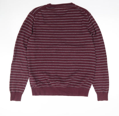 Amazon Essentials Mens Red V-Neck Striped Cotton Pullover Jumper Size M