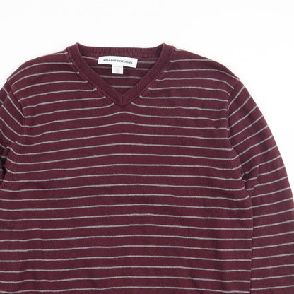 Amazon Essentials Mens Red V-Neck Striped Cotton Pullover Jumper Size M