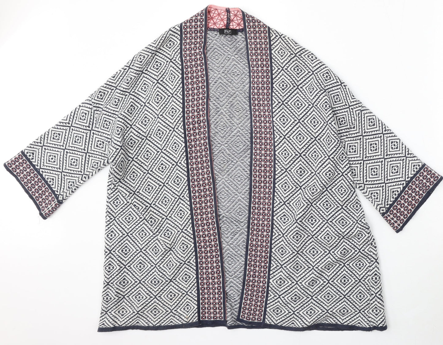 F&F Womens Blue V-Neck Geometric Polyester Cardigan Jumper Size L