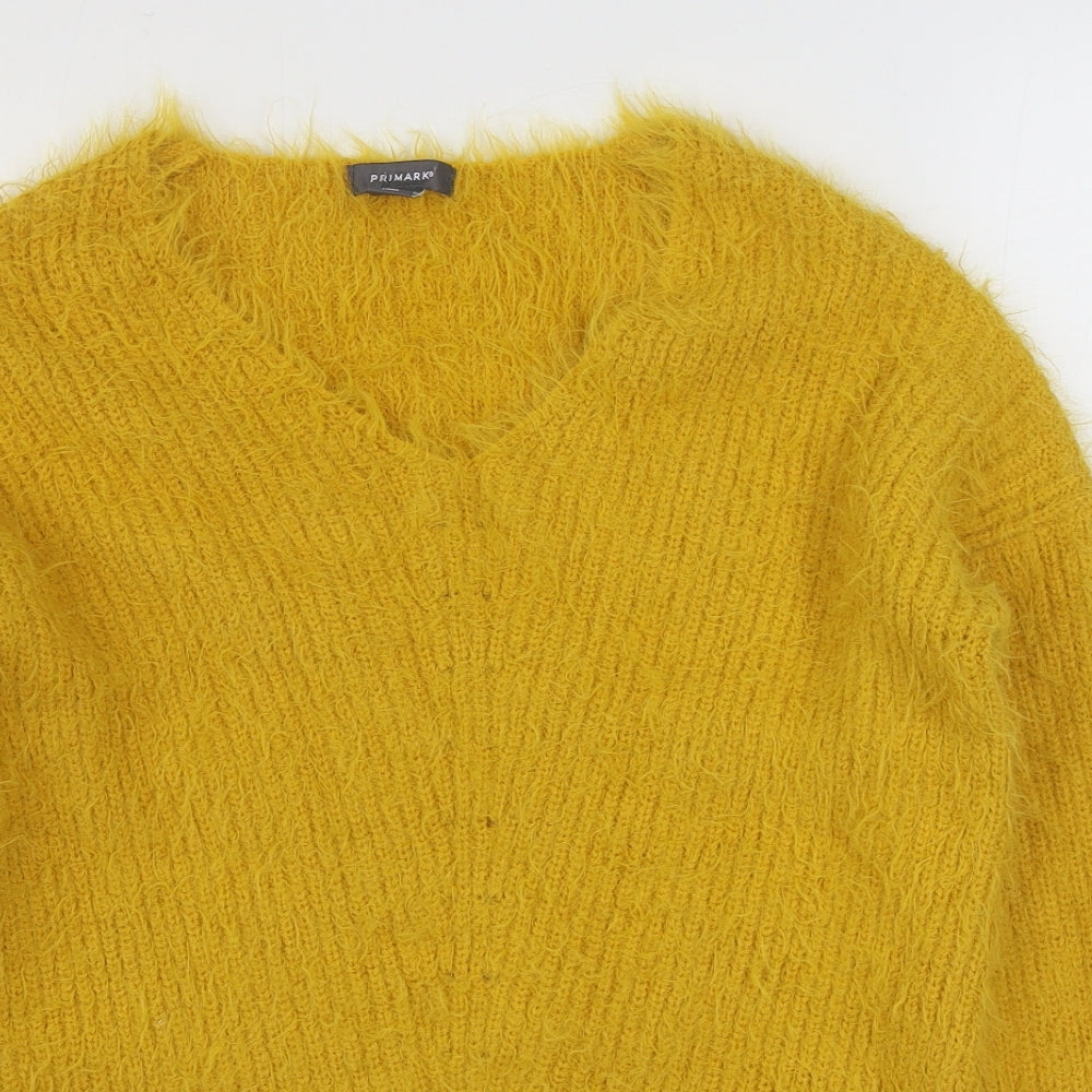 Primark Womens Yellow V-Neck  Nylon Pullover Jumper Size S