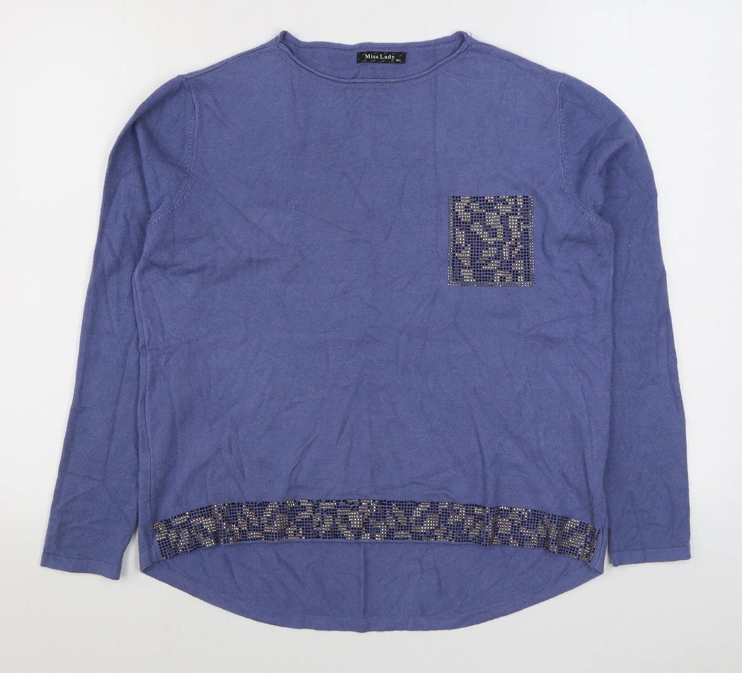 Miss Lady Womens Blue Boat Neck  Viscose Pullover Jumper Size M