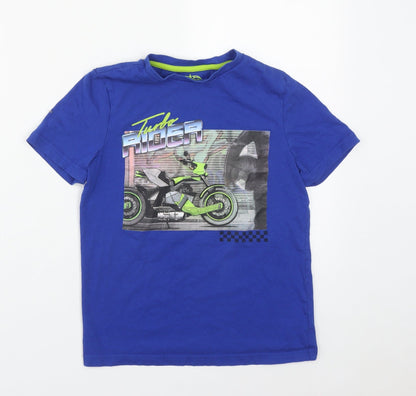 F&F Boys Blue  Cotton Basic T-Shirt Size 9-10 Years Round Neck  - Motorbike print