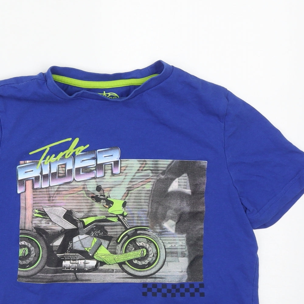 F&F Boys Blue  Cotton Basic T-Shirt Size 9-10 Years Round Neck  - Motorbike print