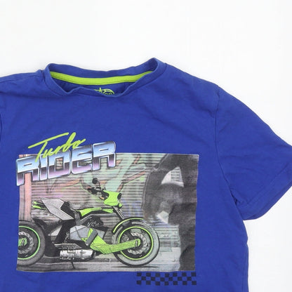 F&F Boys Blue  Cotton Basic T-Shirt Size 9-10 Years Round Neck  - Motorbike print