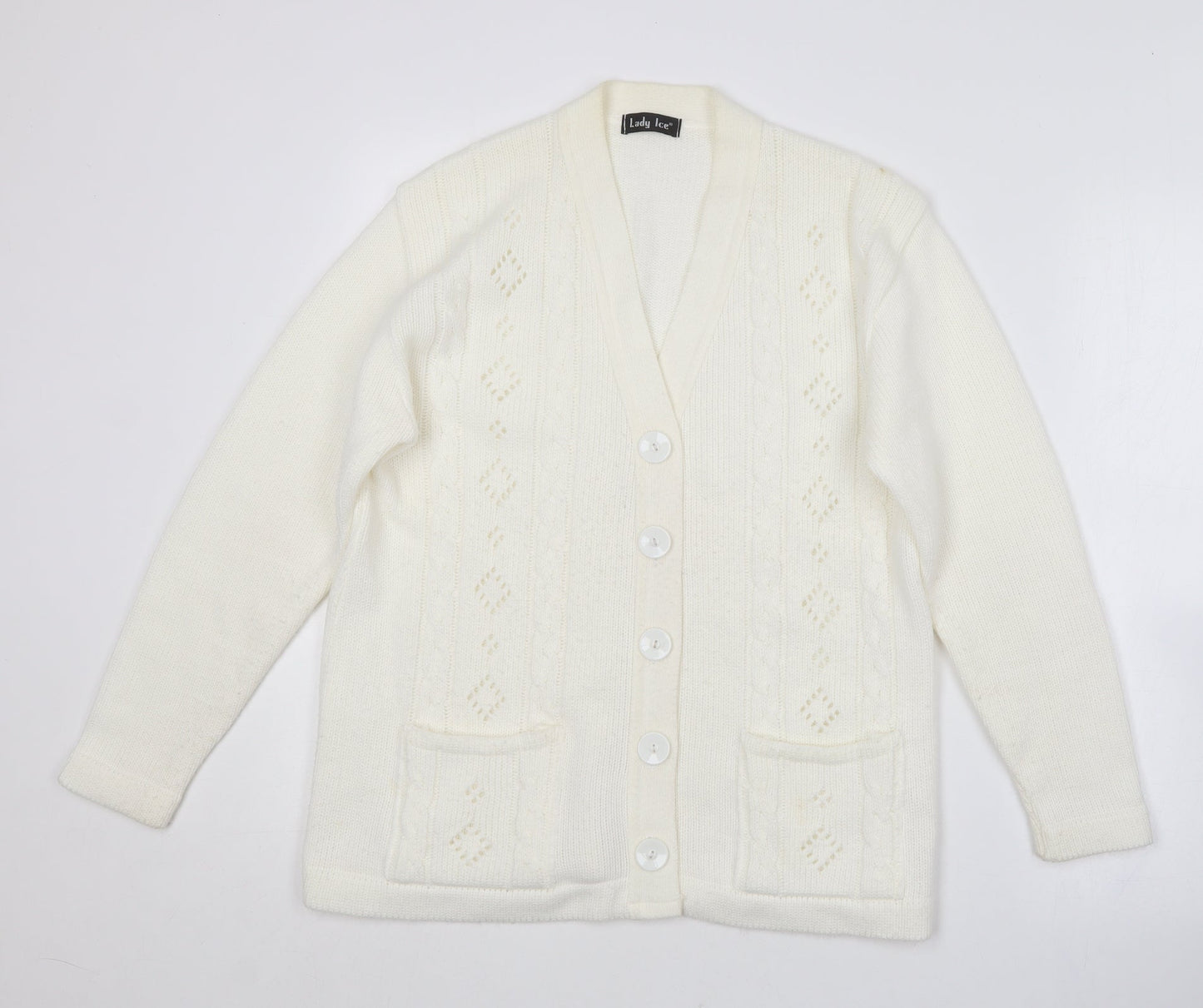 Lady ice Womens Ivory V-Neck  Acrylic Cardigan Jumper Size M   - Size M/L