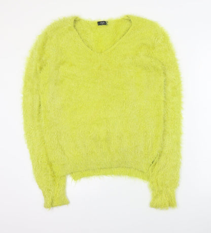 F&F Womens Green V-Neck  Nylon Pullover Jumper Size 14