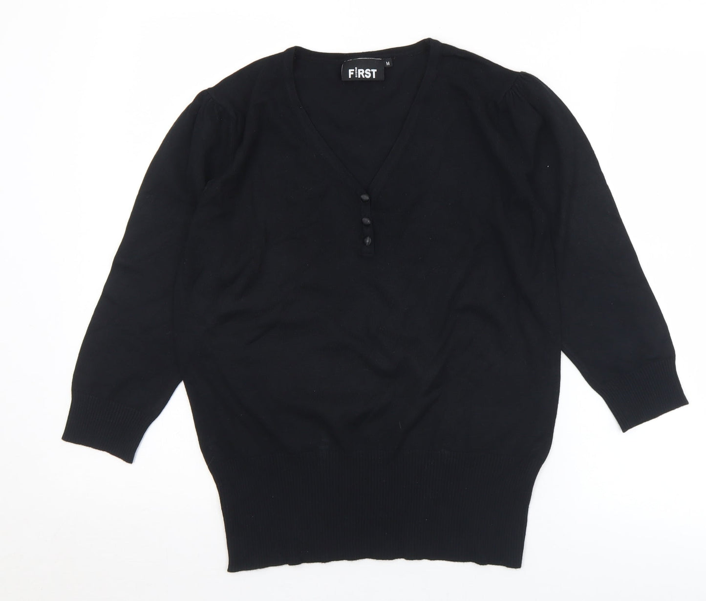 First Avenue Womens Black V-Neck  Viscose Pullover Jumper Size M