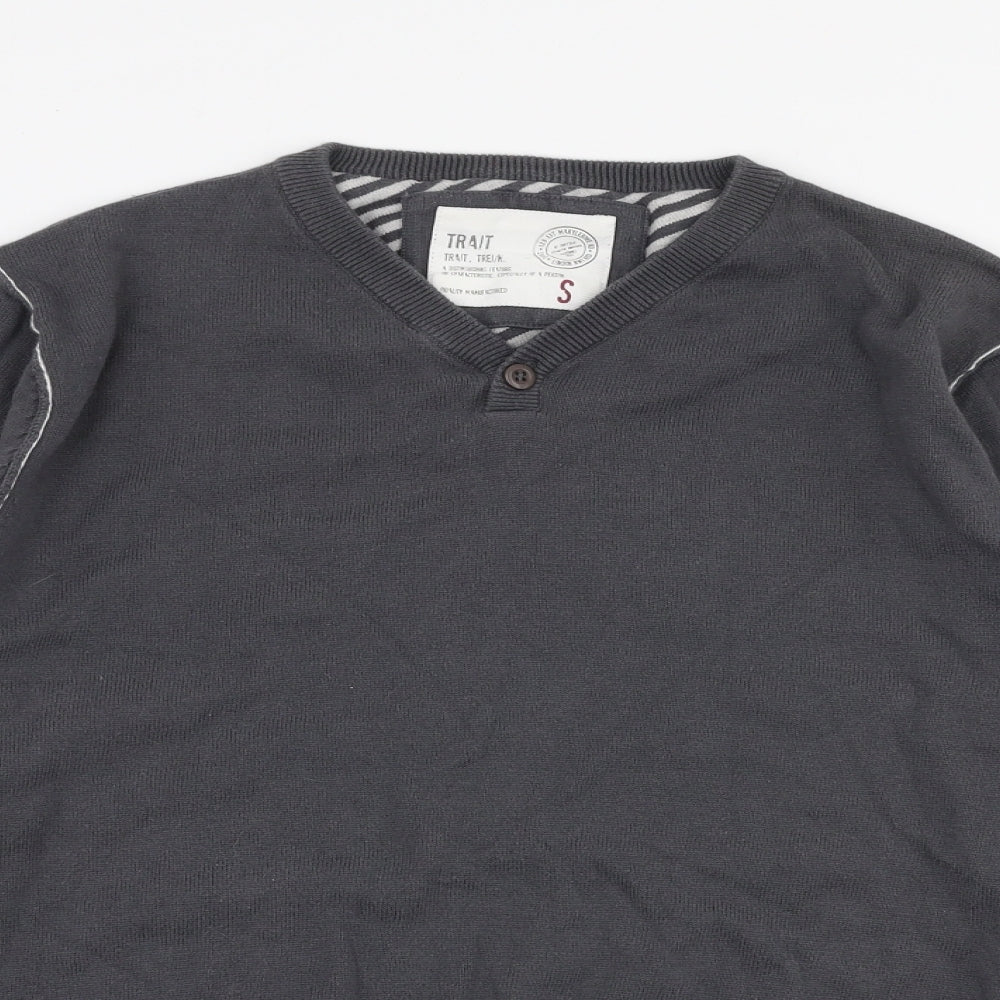 BHS Mens Grey V-Neck  Cotton Pullover Jumper Size S