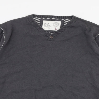 BHS Mens Grey V-Neck  Cotton Pullover Jumper Size S