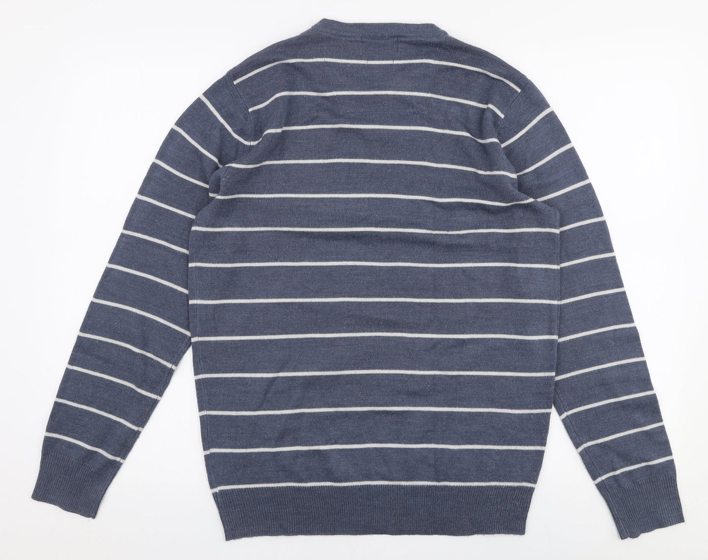 TU Mens Blue V-Neck Striped Acrylic Pullover Jumper Size S